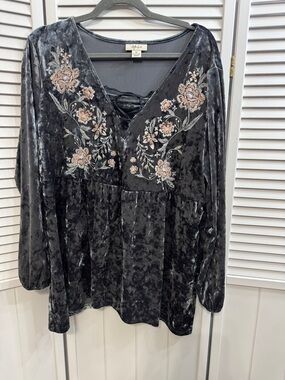 Style & Co. Charcoal Velvet V-Neck Tunic with Pink Floral Embroidery